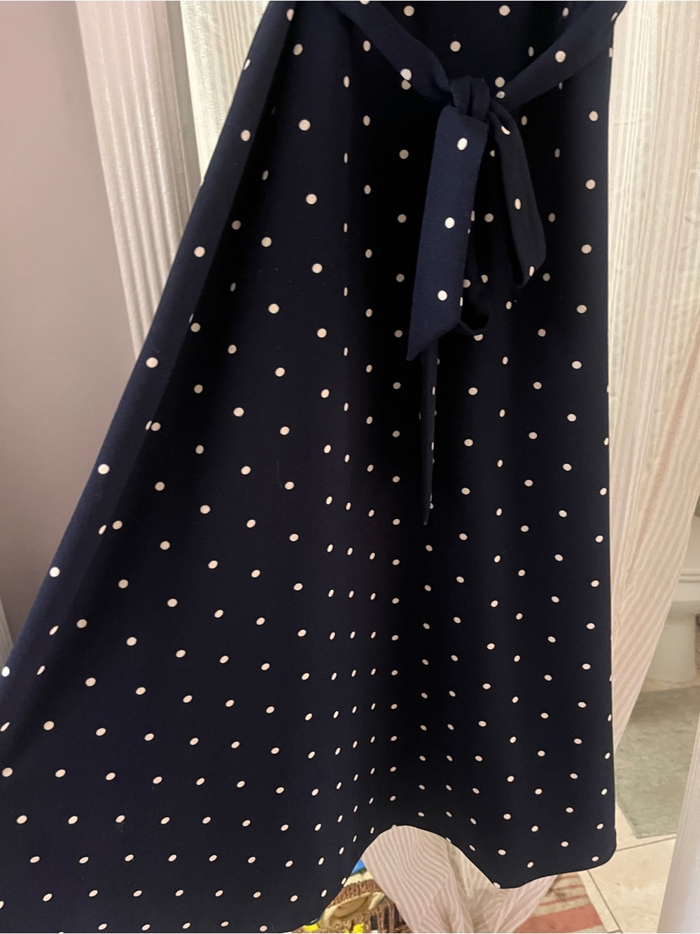DKNY Navy and White Polka Dot Midi Dress with Puff Sleeves - Picture 4 of 6
